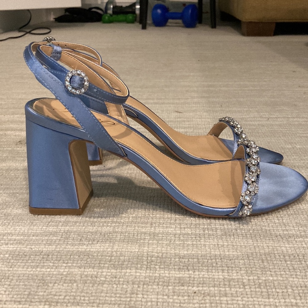 Badgley Mischka Blue satin and rhinestone dress sandals. 8.5. Gorgeous!